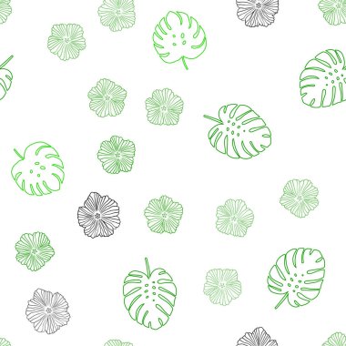 Çiçekler, yapraklar ile Açık Yeşil vektör sorunsuz soyut zemin. Yaprakları, çiçekleri ile doodle tarzında renkli illüstrasyon. Duvar kağıdı, kumaş üreticileri için tasarım.