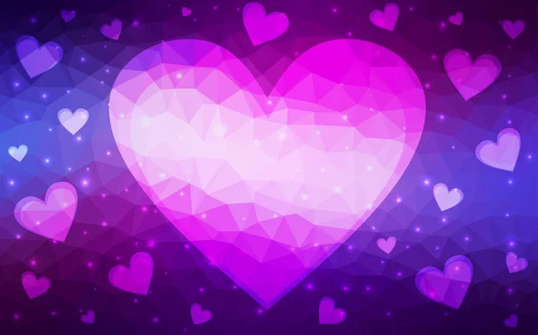 Hellviolett, rosa Vektorhintergrund mit leuchtenden Herzen. — Stockvektor