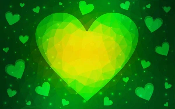 Vert foncé, fond vectoriel jaune avec des cœurs brillants . — Image vectorielle