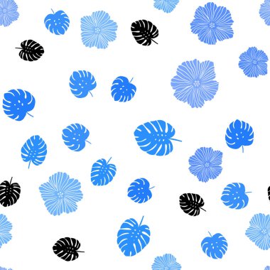 Çiçekler, yapraklar ile Açık Mavi vektör dikişsiz doodle desen.