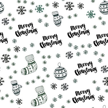 Xmas kar taneleri, toplar, çorap, eldiven ile Koyu Yeşil vektör dikişsiz arka plan.