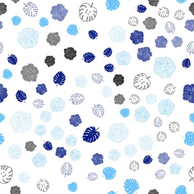 Yaprakları, çiçekleri ile Açık Mavi vektör dikişsiz doodle zemin.