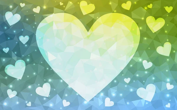 Bleu clair, motif vectoriel vert avec des cœurs colorés . — Image vectorielle