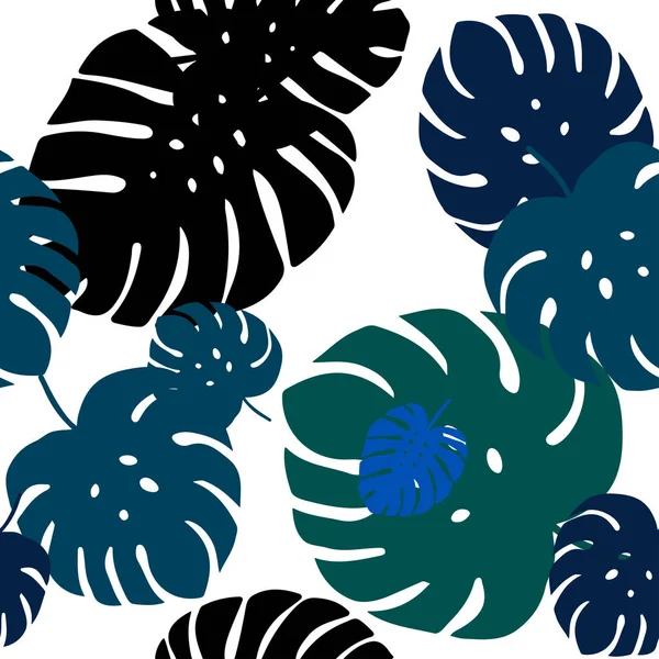 Donker blauwe, groene vector naadloze doodle textuur met bladeren. — Stockvector