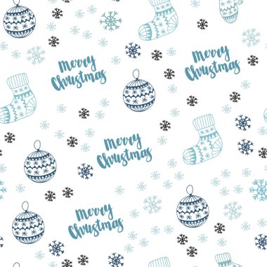 Renkli kar taneleri, toplar, çorap, eldiven ile Açık Mavi vektör dikişsiz doku.