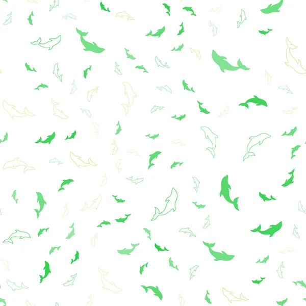 Vert clair, motif sans couture vectoriel jaune avec dauphins de mer . — Image vectorielle
