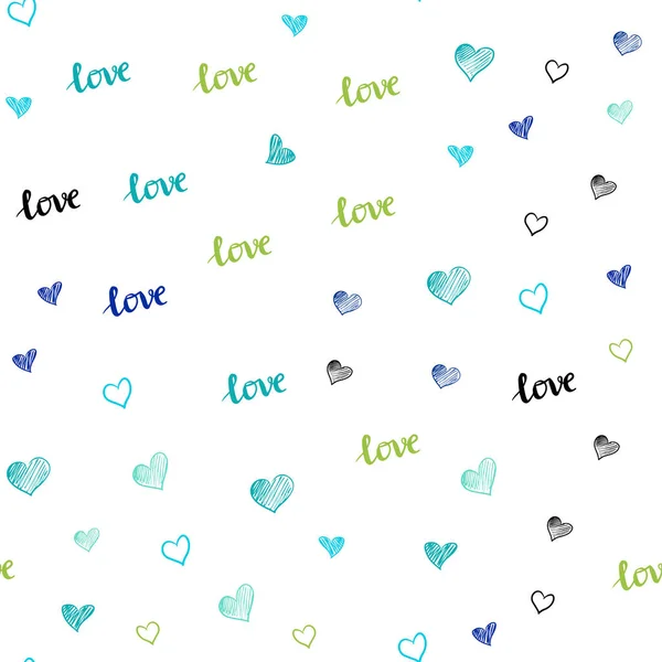 Azul claro, verde vector de la cubierta sin costuras con la cotización LOVE YOU, corazones . — Vector de stock