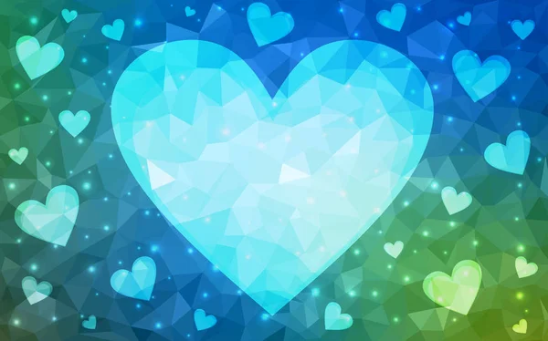 Bleu clair, fond vectoriel vert avec des cœurs brillants . — Image vectorielle
