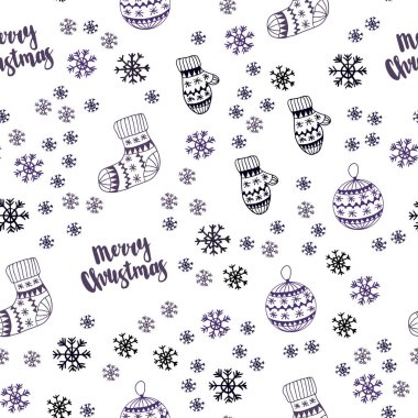 Güzel kar taneleri, toplar, çorap, eldiven ile Koyu Mor vektör dikişsiz kapak.