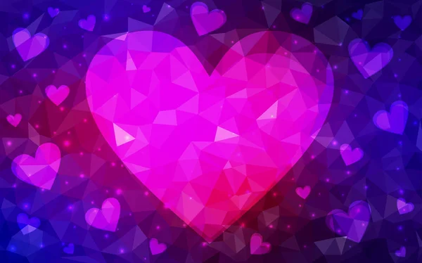 Темно-розовый, синий векторный фон с сияющими сердцами . — стоковый вектор