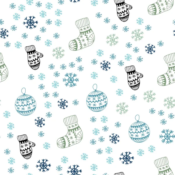 Azul claro, verde vector de fondo sin costuras con copos de nieve de Navidad, bolas, calcetines, manoplas . — Vector de stock