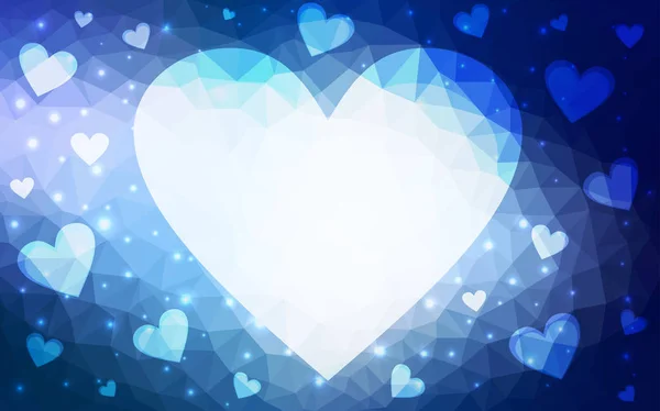 Donker blauwe vector achtergrond met stralende harten. — Stockvector