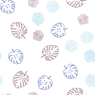 Açık Mavi, Kırmızı vektör çiçekler, yapraklar ile sorunsuz doğal desen.