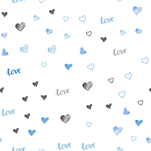 Luz azul vector fondo sin costuras con palabras de amor, corazones . — Vector de stock