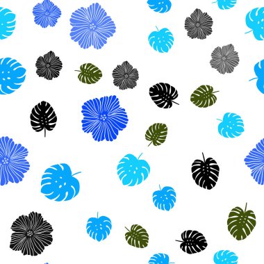 Açık Mavi, Yeşil vektör dikişsiz doodle arka plan çiçekler, yapraklar.