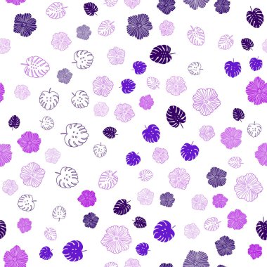 Yapraklar, çiçekler ile Açık Mor vektör dikişsiz zarif şablon.