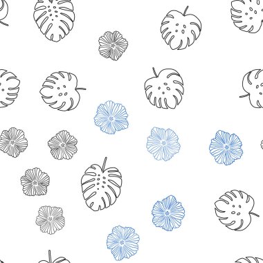Çiçekler, yapraklar ile Koyu Mavi vektör sorunsuz doodle şablonu.
