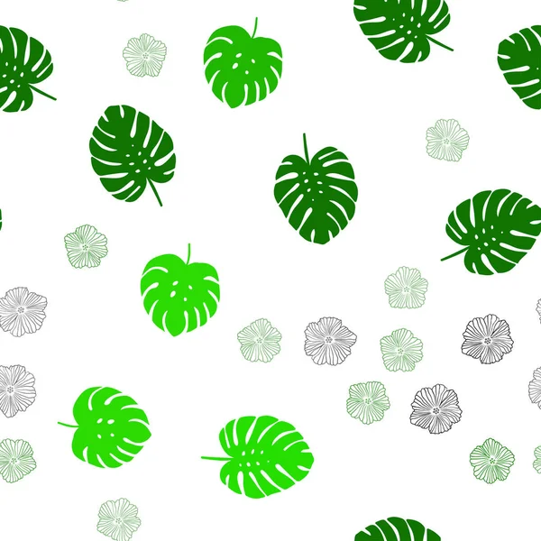 Fond sans couture vecteur vert clair doodle avec des fleurs, des feuilles . — Image vectorielle