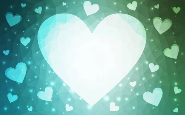 Bleu clair, fond vectoriel vert avec des cœurs brillants . — Image vectorielle