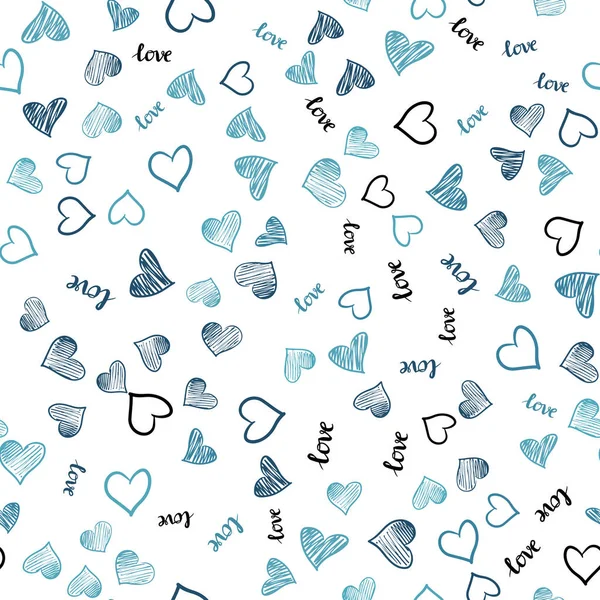 Light BLUE vector seamless background with words of love, hearts. — Stock Vector