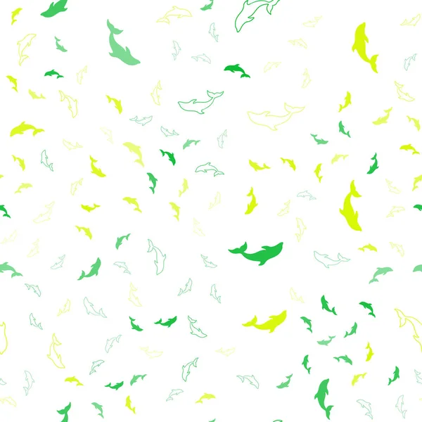 Vert foncé, motif vectoriel jaune sans couture avec des dauphins de mer . — Image vectorielle