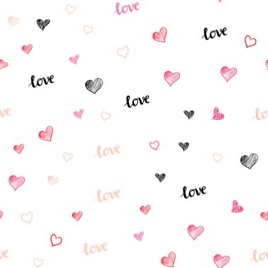 Açık kırmızı vektör arkaplanda sevgi sözcükleri ve kalpler var..