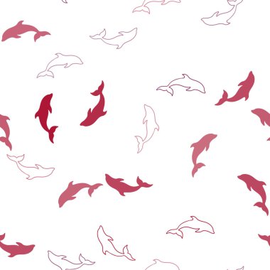 Açık Pembe, yunuslarla kusursuz kırmızı vektör arka plan. Deniz yunuslarının doğal çizimi. Vahşi yaşam ilanları, kitapçıklar için şablon.