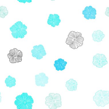 Açık mavi, çiçekli yeşil vektörsüz karalama deseni. Beyaz arka planda çiçeklerin dekoratif tasarımı. Kumaş ve duvar kağıtlarının dizaynı için desen.