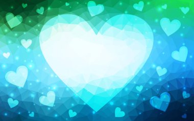 Açık mavi, parlayan kalpleri olan yeşil vektör arkaplan. Kalpli, karalama tarzında bulanık dekoratif tasarım. Evlilik hediyeleri için örnek, tebrikler..