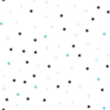 Renkli kar taneleriyle açık mavi vektörsüz doku. Soyut arkaplanda gradyanı olan renkli kar taneleri. Kumaş ve duvar kağıtlarının dizaynı için desen.