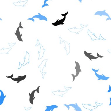 Açık mavi vektör yunuslarla kusursuz şablon. Deniz yunuslarıyla doğal olarak dekoratif tasarım. Deniz broşürleri için desen.