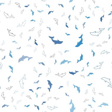 Koyu mavi yunuslarla kusursuz bir arka plan. Beyaz arka planda izole edilmiş deniz yunusları. Duvar kağıtları için doğal tasarım.