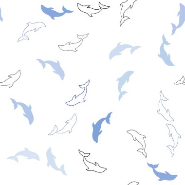 Yunuslarla açık mavi vektörlü kusursuz doku. Rengarenk deniz yunuslarının parlak çizimi. Hayvanların web siteleri için desen.