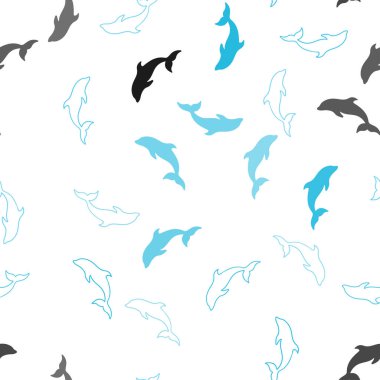 Koyu mavi yunuslarla kusursuz bir arka plan. Deniz yunuslarının modern soyut çizimi. Vahşi yaşam ilanları, kitapçıklar için şablon.