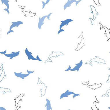 Yunuslarla açık mavi vektörlü kusursuz doku. Deniz yunuslarının modern soyut çizimi. Deniz broşürleri için desen.