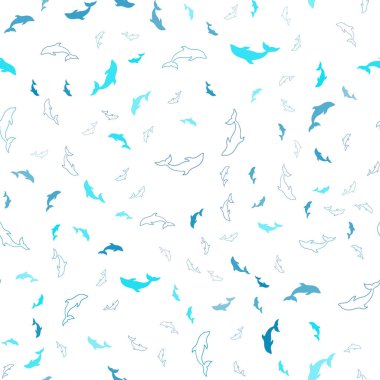 Yunuslarla açık mavi ışık vektörlü arka plan. Beyaz arka planda izole edilmiş deniz yunusları. Vahşi yaşam ilanları, kitapçıklar için şablon.