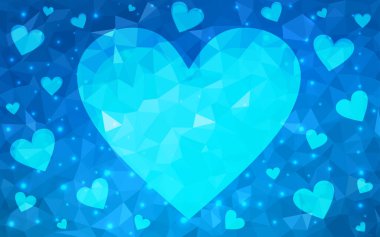 Açık mavi vektör dokusu ve güzel kalpler. Soyut şablondaki kalplerle dekoratif, parlak bir illüstrasyon. Sevgililer günü ilanı ve kitapçıkları için bir model..