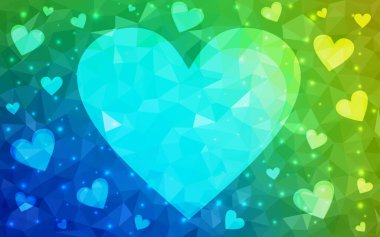 Açık mavi, karalama kalpli yeşil vektör şablonu. Sevgililer günü için aşk konseptinde kalplerin olduğu bir ilüzyon. Sevgililer Günü ilanı, afişi, afişi için tasarım.