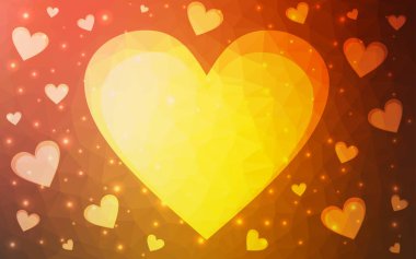 Tatlı kalpli hafif turuncu vektör arkaplanı. Kalpler soyut arkaplanda bulanık ve rengarenk. Karnaval için şablon, festival için romantik broşürler.