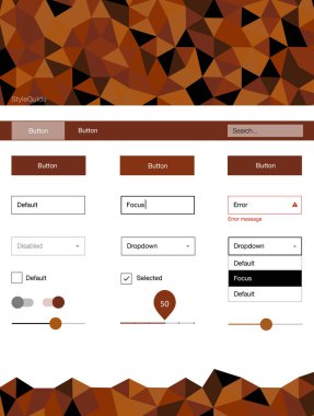 Koyu turuncu vektör telli kristaller. Renkli üçgen mozaiği olan basit bir malzeme tasarım seti. İniş sayfası için modern şablon.
