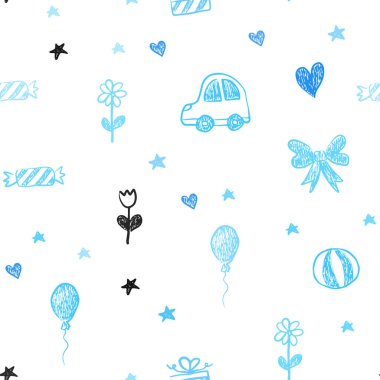 Hafif BLUE vektörsüz arkaplan ve xmas özellikleri. Oyuncak arabası, kalbi, balonu, lalesi, şekeri, topu olan Xmas tarzı bir tasarım. Yeni yıl reklamları için desen.