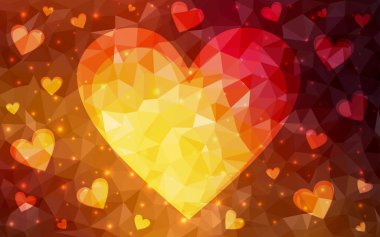 Parlayan kalpleri olan koyu turuncu vektör arka planı. Sevgililer günü için aşk konseptinde kalplerin olduğu bir ilüzyon. Sevgililer Günü ilanı, afişi, afişi için tasarım.