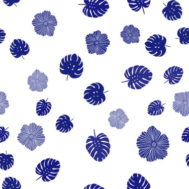 Koyu mavi vektörlü, çiçekli, yapraklı karalama arkaplanı. Yaprakları ve çiçekleri olan modern soyut çizimler. Pencere perdeleri, perdeler için doku.