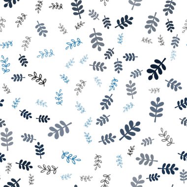Koyu mavi vektörlü, yapraklı, dallı doğal desen. Yapraklar ve dallarla karalama tarzında renkli çizimler. Tekstil, kumaş ve duvar kağıtları için tasarım.