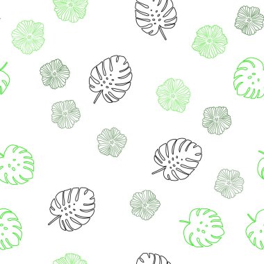 Açık yeşil vektörlü, çiçekli, yapraklı karalama arkaplanı. Yaprakları karalama tarzında renkli ve soyut çizimler. Kumaş ve duvar kağıtlarının dizaynı için desen.