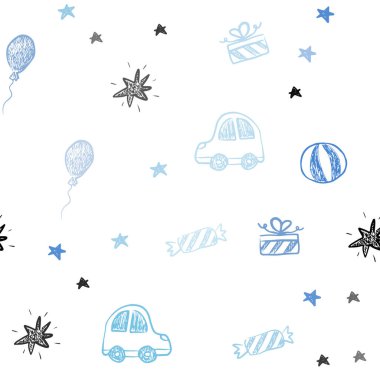 Karnaval tarzında hafif BLUE vektörsüz şablon. Oyuncak arabalı, balonlu, şekerli, yıldızlı, toplu Xmas tarzı dizayn. Karnaval için şablon, festival reklamları.
