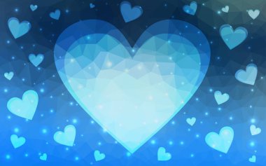Açık mavi vektör dokusu ve güzel kalpler. Kalpler soyut arkaplanda bulanık ve rengarenk. Sevgililer Günü kartpostalları için şablon.