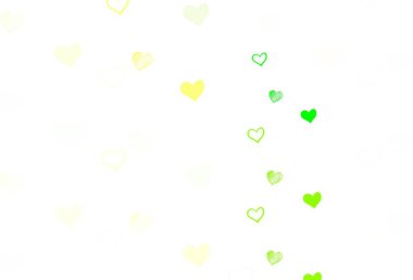 Açık yeşil, parlak kalpleri olan sarı vektör arkaplan. Soyut şablondaki kalplerle dekoratif, parlak bir illüstrasyon. Sevgililer Günü kartpostalları için şablon.
