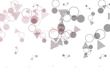 Açık pembe, kırmızı vektör desenli ve daireli çokgen şekilli. Küreleri ve üçgen çizgileri olan soyut çizimler. Web siteleri için desen.