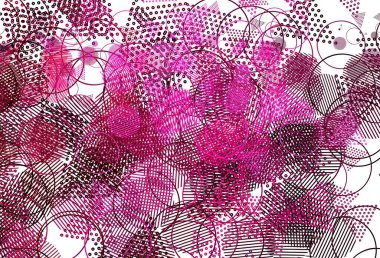 Dairesel çizgileri olan açık pembe vektör düzeni. Küreleri ve üçgen çizgileri olan soyut çizimler. Poster ve afiş için en iyi tasarım.